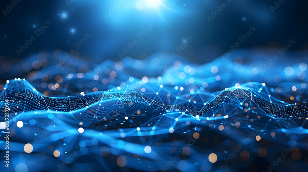 Poster abstract tech background with illuminated fiber optic connections, quantum computing network system 