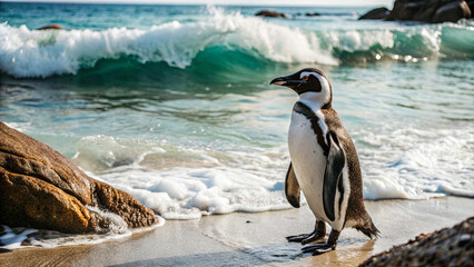 Obraz premium An African penguin stands on a sandy beach with ocean waves crashing in the background