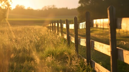 Fototapeta premium Morning light illuminates a rural farm fence with a copy space image of farmland and wild grass in the background