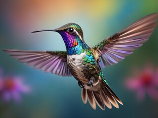 Obraz premium A vibrant hummingbird with iridescent feathers hovers in mid-flight against a blurred rainbow background