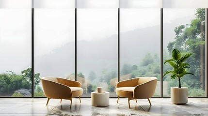 Office lobby interior with relax zone near panoramic window. Mock up frame