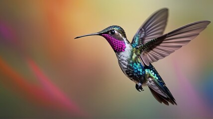 A colorful hummingbird with a long beak flies through the air in front of a blurry, colorful background