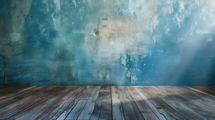 old grungy vintage blue wall with wooden floor background with copy space
