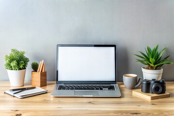 Fototapeta premium laptop mockup, turned to the camera with props around, minimalist, very aesthetic