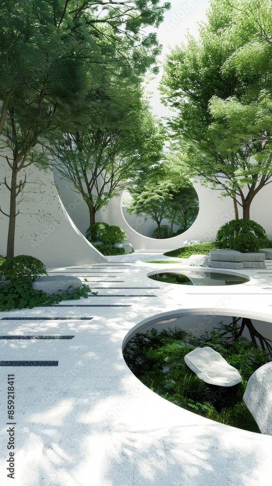 Poster A minimalist garden design featuring only circular and rectangular shapes.