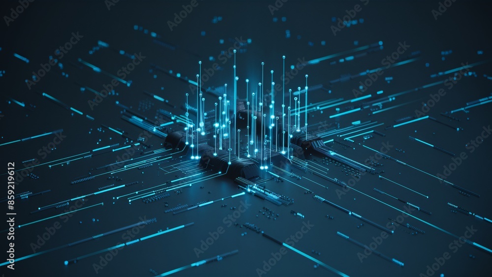 Poster captivating 3d render of a minimalist futuristic network with dynamic blue lights
