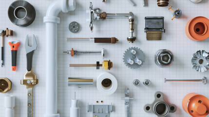 Obraz premium Various mechanical tools and components neatly arranged on a grid background, showcasing organization and precision.
