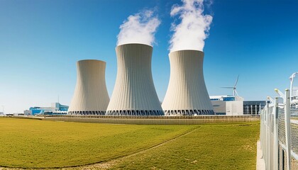 Fototapeta premium Cooling towers of nuclear power plant of Doel with blue sky background, nuclear power plant with cooling towers 