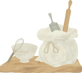 Vector Watercolor kitchen composition, whisk, bag of flour, rolling pin, scoop, board, illustrations for creative cooking, invitation, greeting cards, birthday, event, holiday, menu; cooking class; Ma