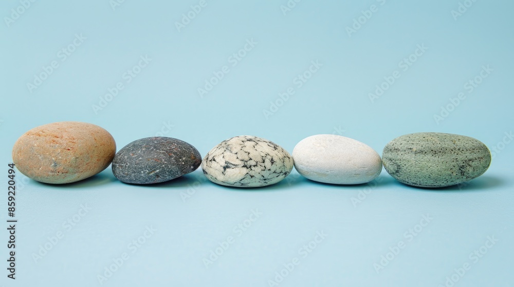 Poster a row of five different colored rocks on a blue background. the rocks are of various sizes and shape