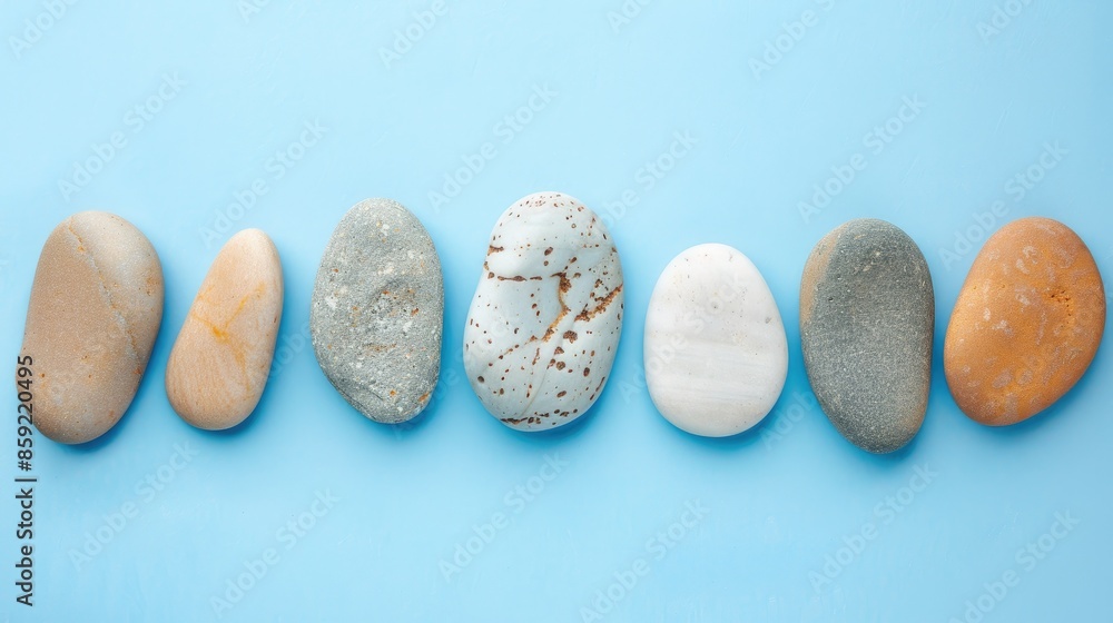 Poster a row of rocks with a blue background. the rocks are of different sizes and colors. the rocks are ar
