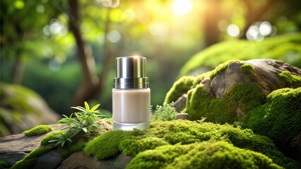 A contemporary cosmetics product mockup without any branding, displayed in a serene, natural setting. The product is placed on a smooth stone with delicate moss and foliage around it,