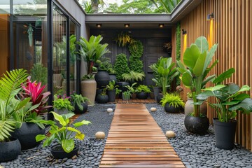 modern home garden composition filled with many beautiful plants 