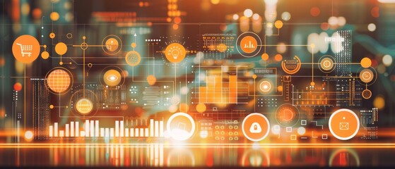 Digital Network of Connected Icons With Data Visualization and Cityscape Background