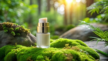A contemporary cosmetics product mockup without any branding, displayed in a serene, natural setting. The product is placed on a smooth stone with delicate moss and foliage around it,