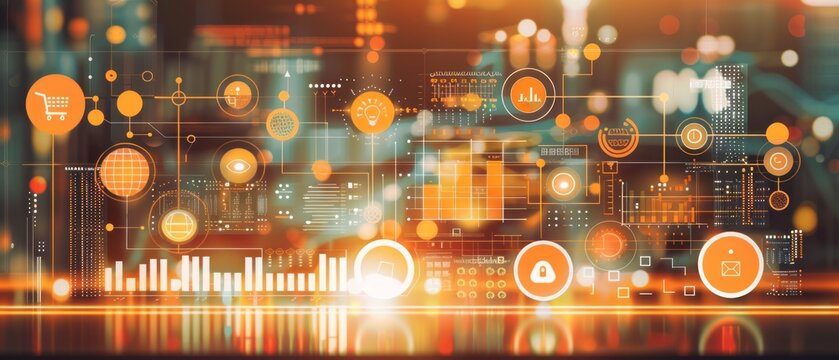 Digital Network of Connected Icons With Data Visualization and Cityscape Background