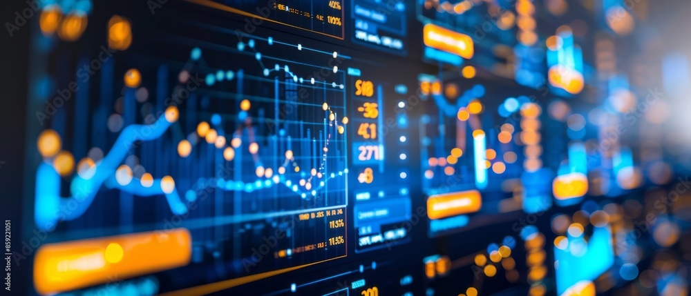 Poster Close Up of Stock Market Data Display With Charts and Numbers