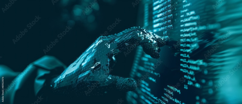 Aufkleber close-up of a hand interacting with digital code on a screen