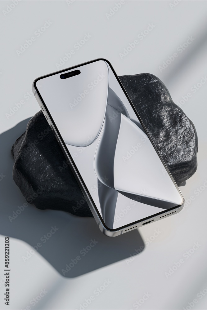Poster high-quality 3d render of a modern smartphone with sleek design on textured rock background