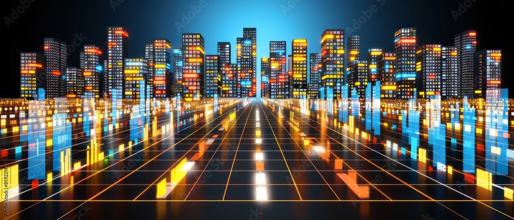 Poster digital cityscape with illuminated buildings and data visualizations