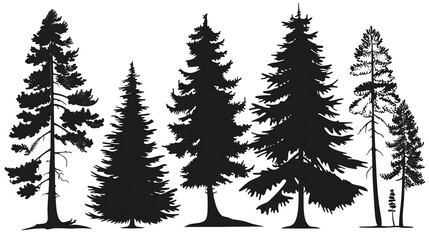 Obraz premium Pine tree silhouettes. Evergreen forest firs and spruces black shapes, wild nature trees templates. Vector illustration of woodland trees set on a white background design