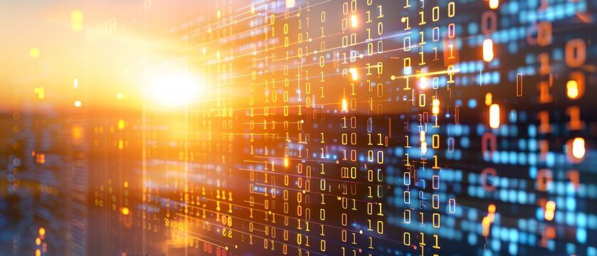 Abstract Binary Code Background With Sunset Glow