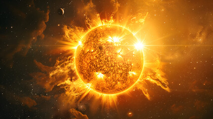 Bright Sun against dark starry sky in Solar System. Powerful Sun Solar Flare Particles coronal mass ejections in space