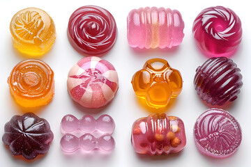 Obraz premium Collection of soft colorful candies, top view isolated on a white background