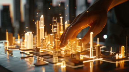 A hand interactively manipulates a yellow-lit city model, suggesting cutting-edge technology and meticulous urban planning efforts under ambient light.