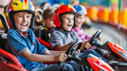 Naklejka premium Children eagerly driving bumper cars with huge smiles and laughter radiating on their faces.