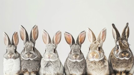 Fototapeta premium Row of adorable rabbits on white background, studio shot. Cute animal concept
