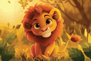 Fototapeta premium cute small lion, cartoon vector illustration. Vector illustration of Lion cartoon collection. Lon Cartoon. Illustrated baby lion lying back playfully.