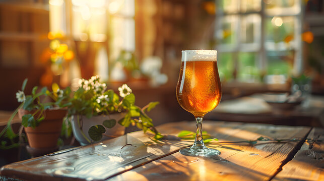 Celebrating International Beer Day with a refreshing glass of beer on table. Concept Beer Day, Celebration, Refreshing Drink, Table Setting, Indoor Decor