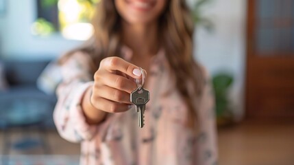 Close up of real estate agent giving keys to client.