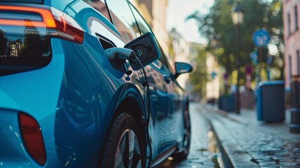 Naklejka premium Charging an electric car with a plug in a socket in the city, Close up.