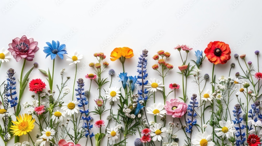 Poster a colorful bouquet of flowers is arranged in a row on a white background. the flowers are of various