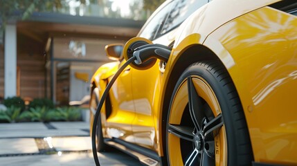 Charging an electric car with a plug in a socket in the city, Close up.