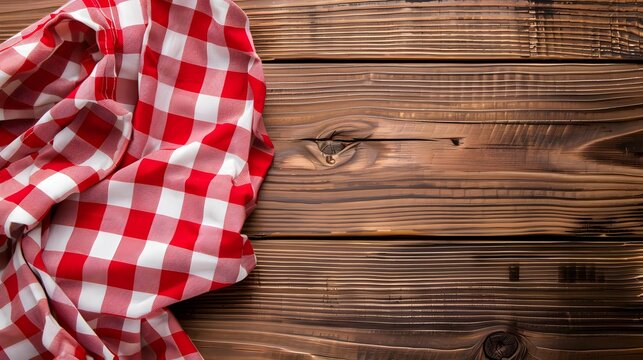 red checkered tablecloth napkin on empty wooden table, top view. kitchen rustic background, mock up for design