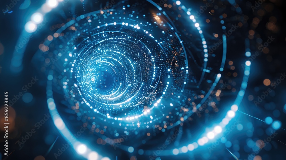 Leinwandbilder Blue background with glowing lines and circles in the center, futuristic style. The light effect is blue color with white dots of different sizes on dark space for design elements. Generative AI.