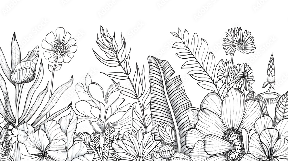 Wall mural relaxing botanical scene for adult coloring book