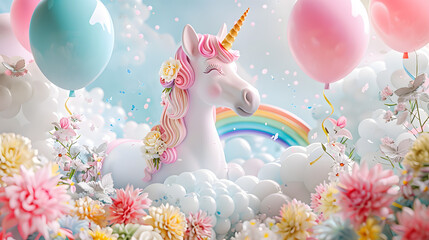 Colorful unicorn with vibrant rainbow, balloons, and flowers in a whimsical scene