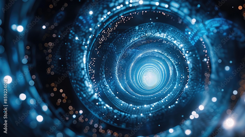 Leinwandbilder Blue background with glowing lines and circles in the center, futuristic style. The light effect is blue color with white dots of different sizes on dark space for design elements. Generative AI.
