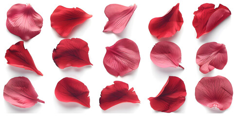 Collection of soft red flower petals isolated on a white background