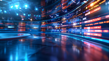 Contemporary digital news broadcasting backdrop featuring chroma key functionality. Concept TV Studio Set, Chroma Key, Digital News, Contemporary Design