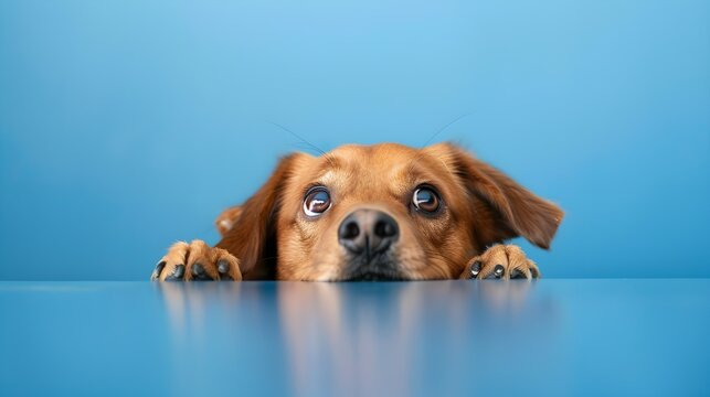scared puppy looks from under the table, card template or banner with copy space on blue background