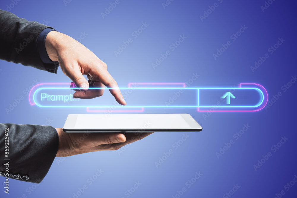 Poster a hand interacting with a futuristic interface projected from a tablet on a blue background, represe