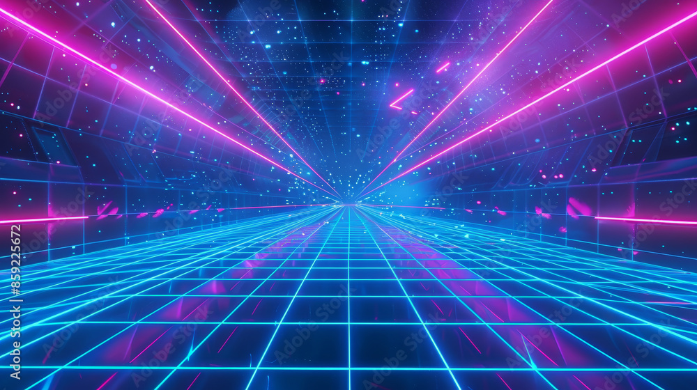 Poster 3d retro neon blue and pink abstract background with laser lines and dots in space. synthwave grid v