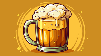 A glass mug filled with frothy golden beer, with a thick white foam head on top