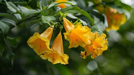 Close-up shot of the beautiful flower,  Suitable for floral background, Yellow flowers of Azalea Nabucco blooming in close up, A beautiful bush of orange lilies growing in the garden after the rain
