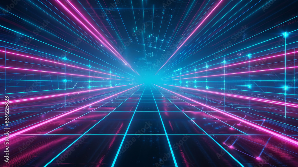 Poster 3d retro neon blue and pink abstract background with laser lines and dots. synthwave grid videogame 